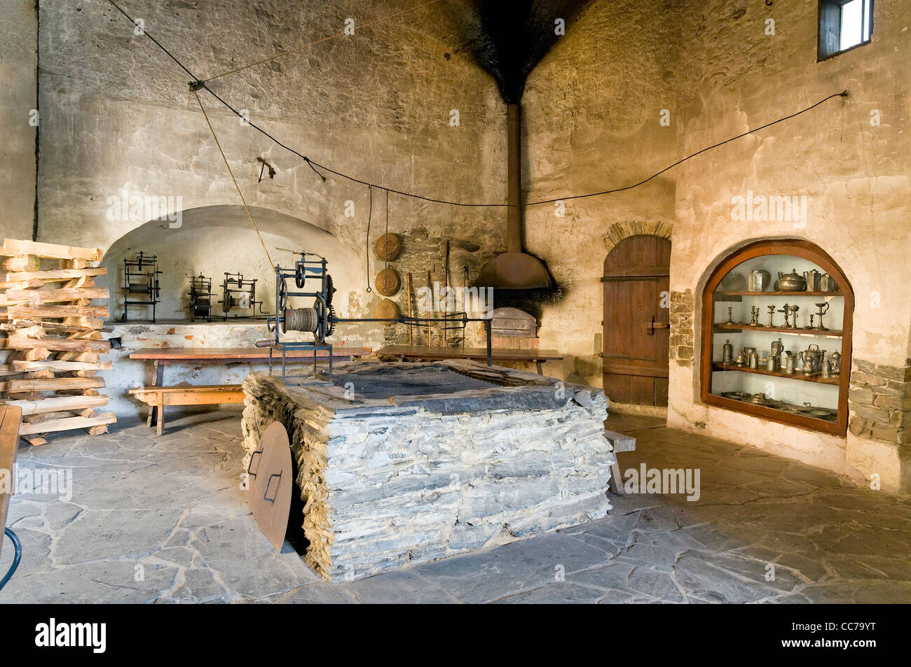 Medieval castle kitchen, museum Burgk Castle, Burgk, Thuringia, Germany, Europe Stock Photo