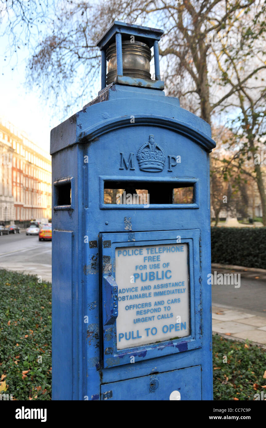 Blue Police telephone box Grosvenor square London England Stock Photo