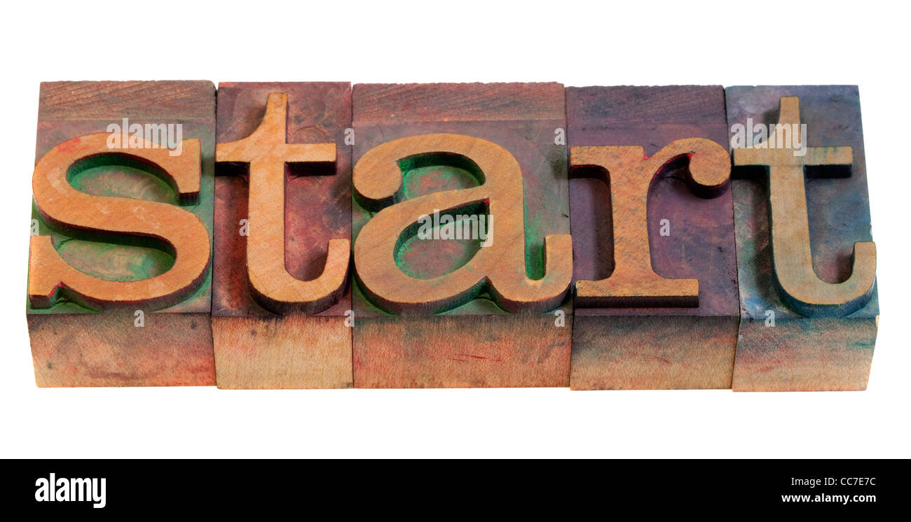 start or beginning concept - word spelled in vintage wooden letterpress printing blocks Stock Photo