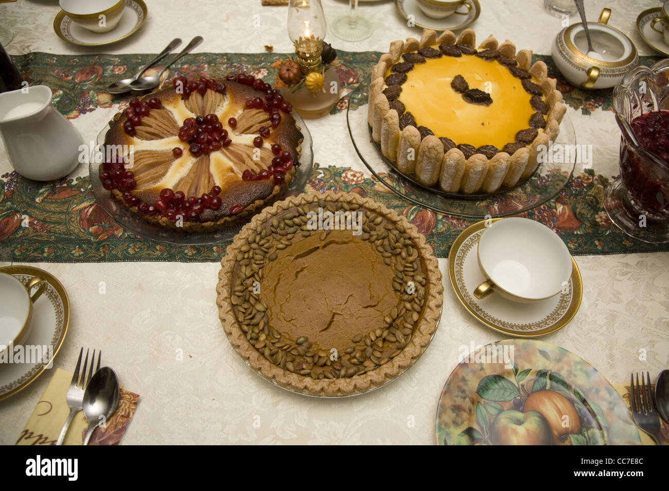 Table full with desserts at Thanksgiving Stock Photo