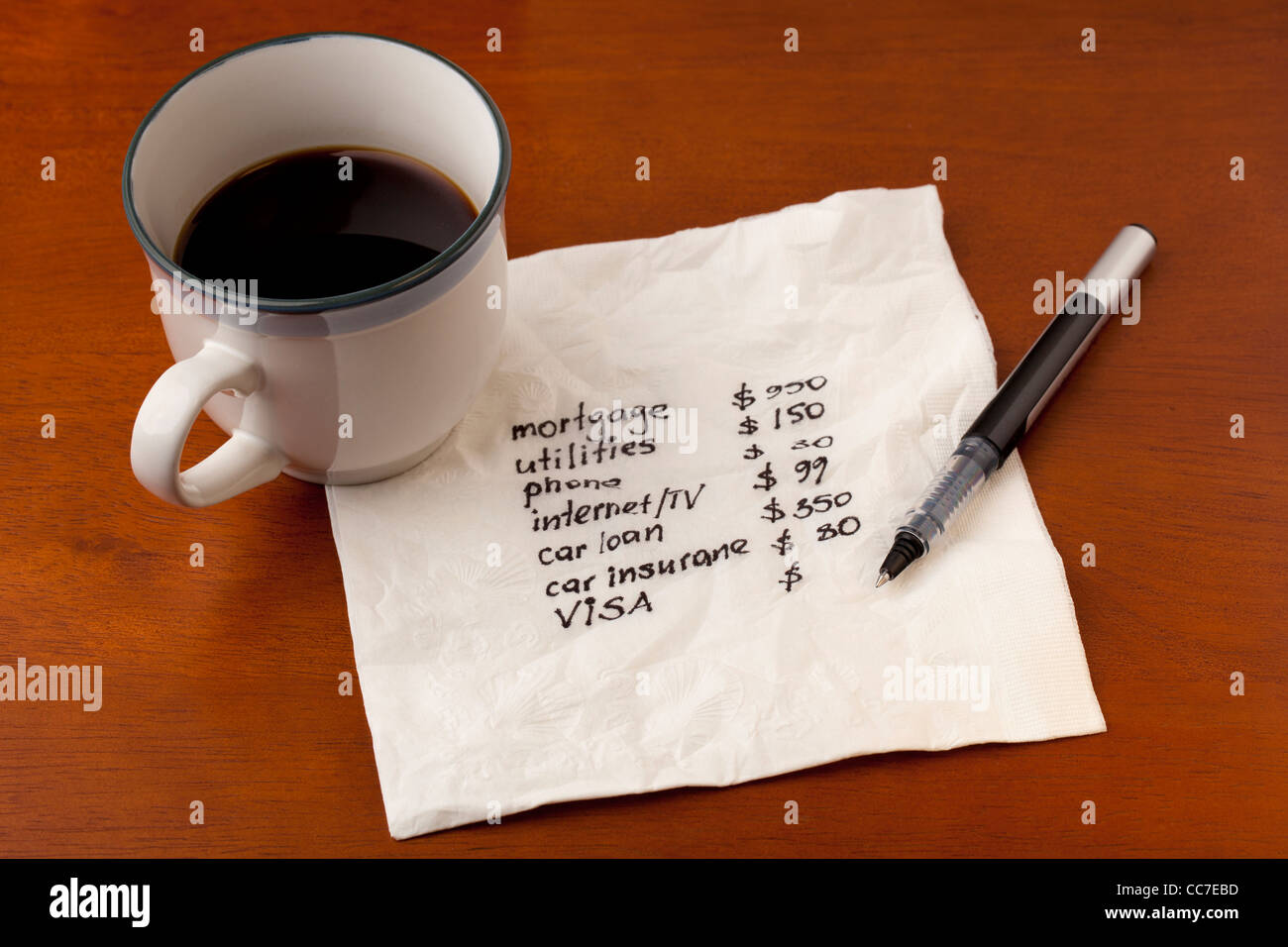 working on household budget - napkin concept with coffee cup on wooden table Stock Photo