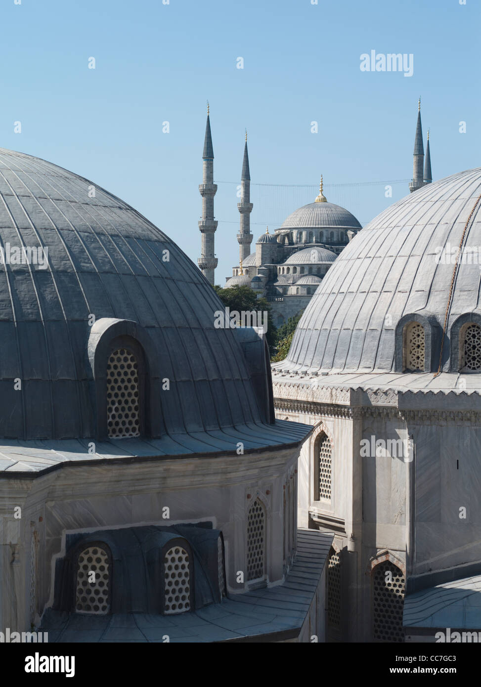 Looking out from Hagia Sophia ( Aya Sofya ) towards Sultan Ahmed Mosque ( Blue Mosque ) Stock Photo