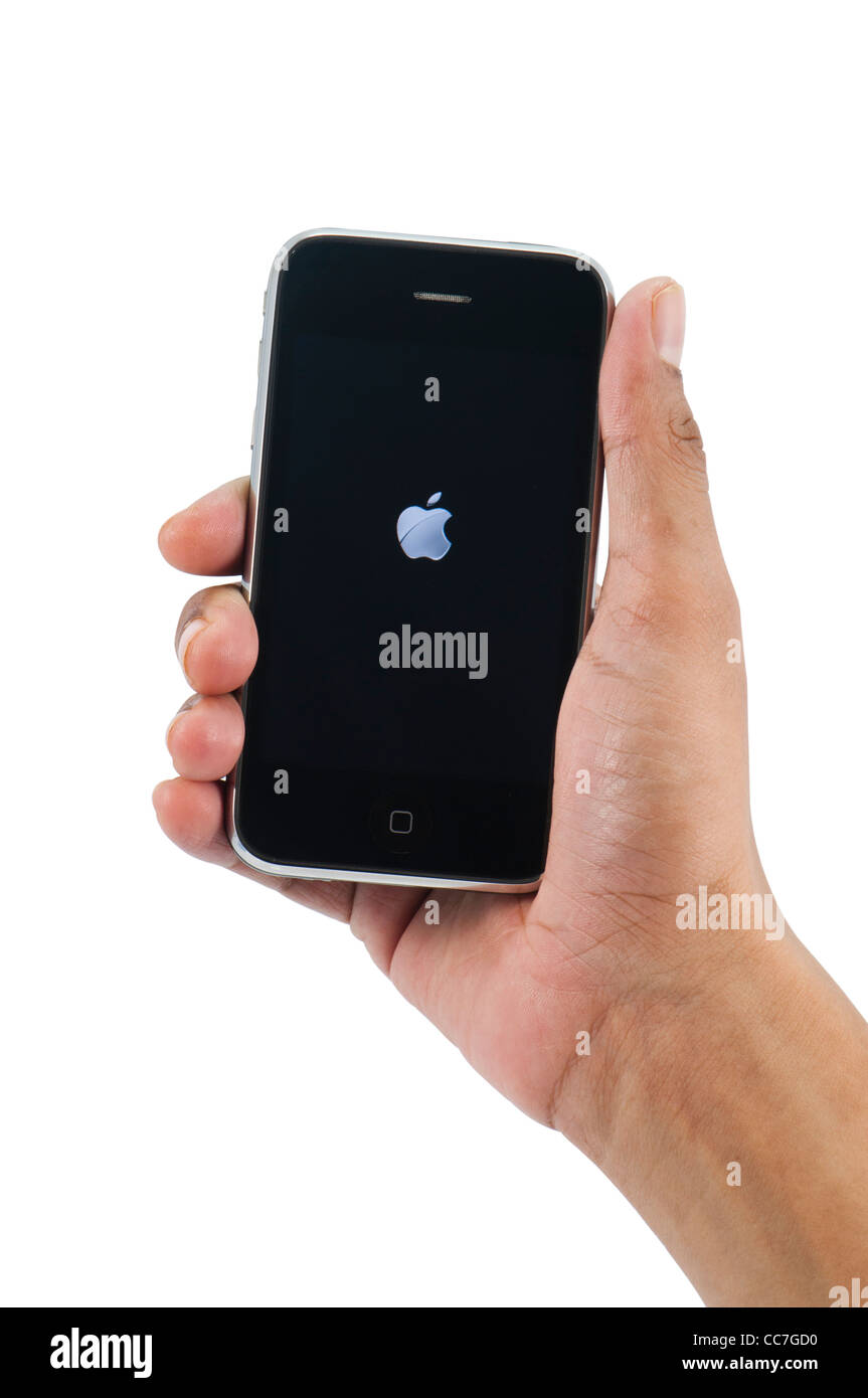 Apple logo on iphone screen startup Stock Photo