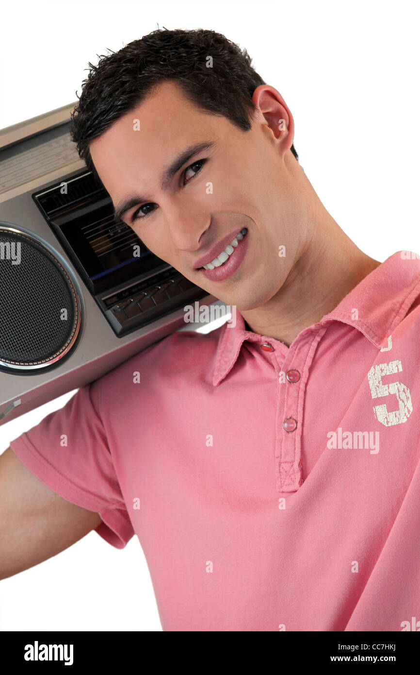 Man listening to a boombox Stock Photo