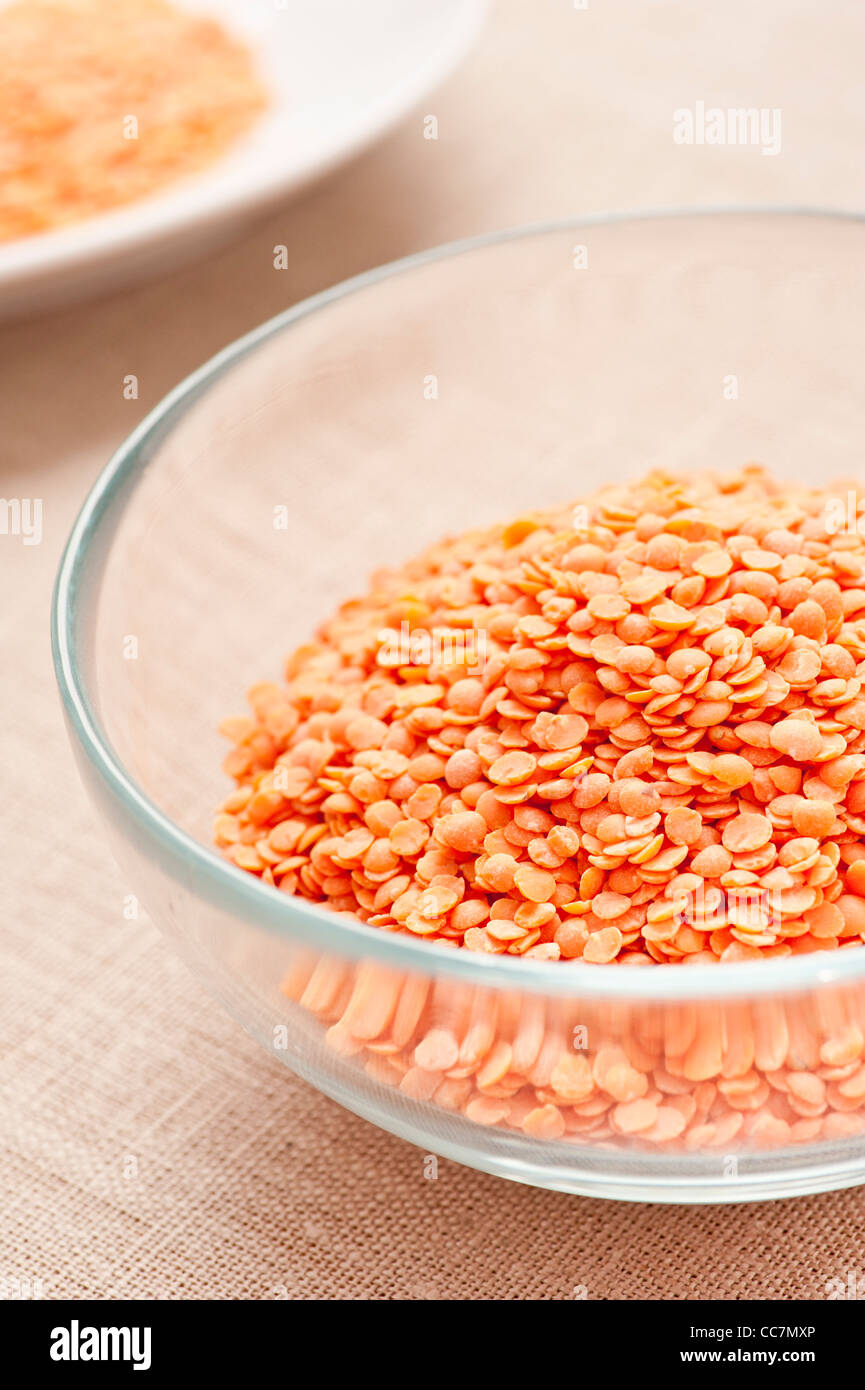 Bowl with organic Red lentils Stock Photo