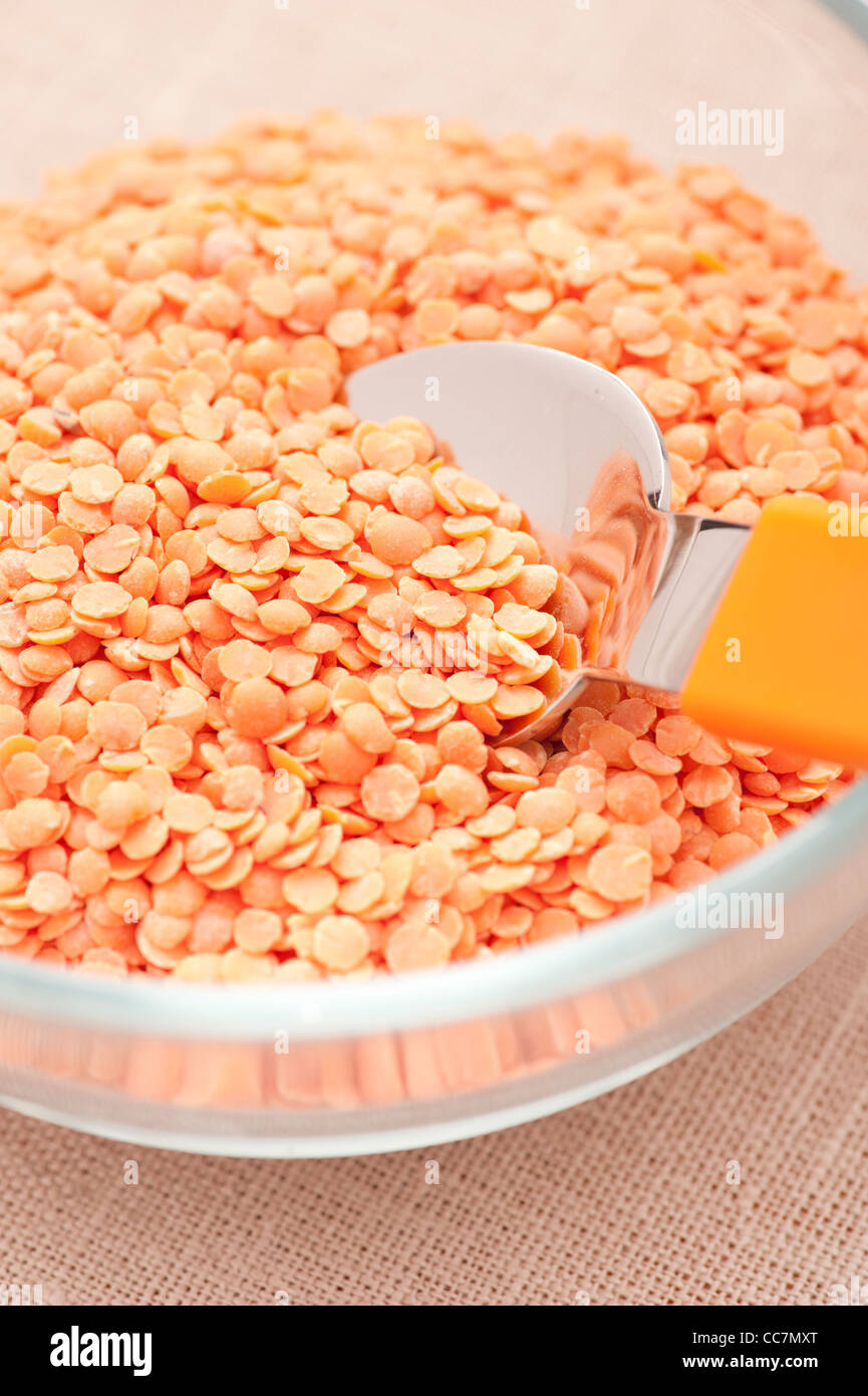 Bowl with organic Red lentils Stock Photo