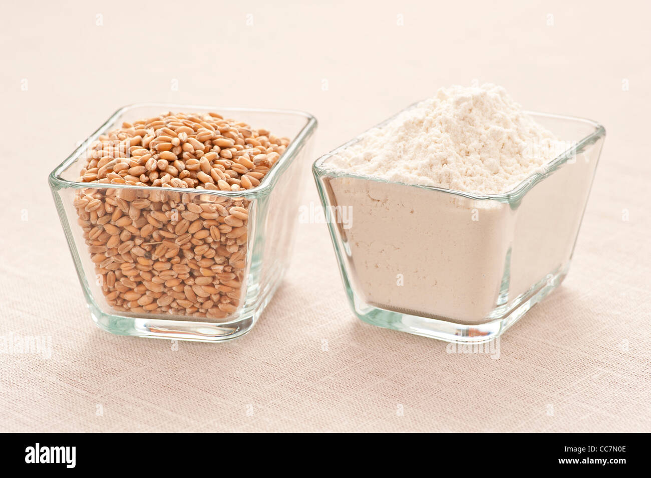 Organic wheat grain and organic wheat flour Stock Photo