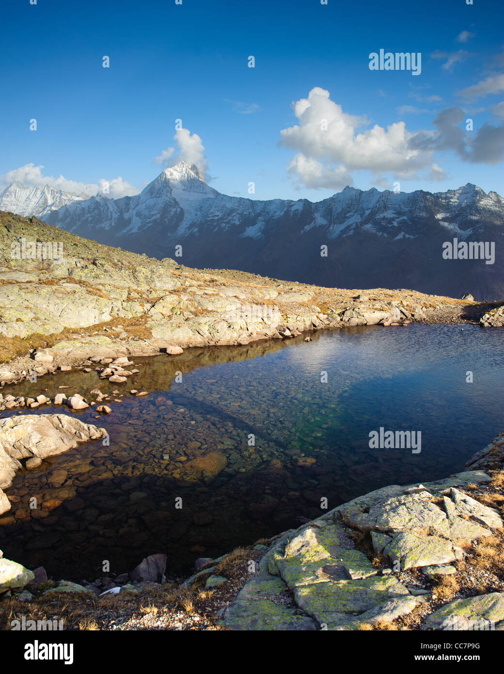 Bietschorn mountain peak reflecting in small lake, Loetschenpass, Wallis, Switzerland Stock Photo