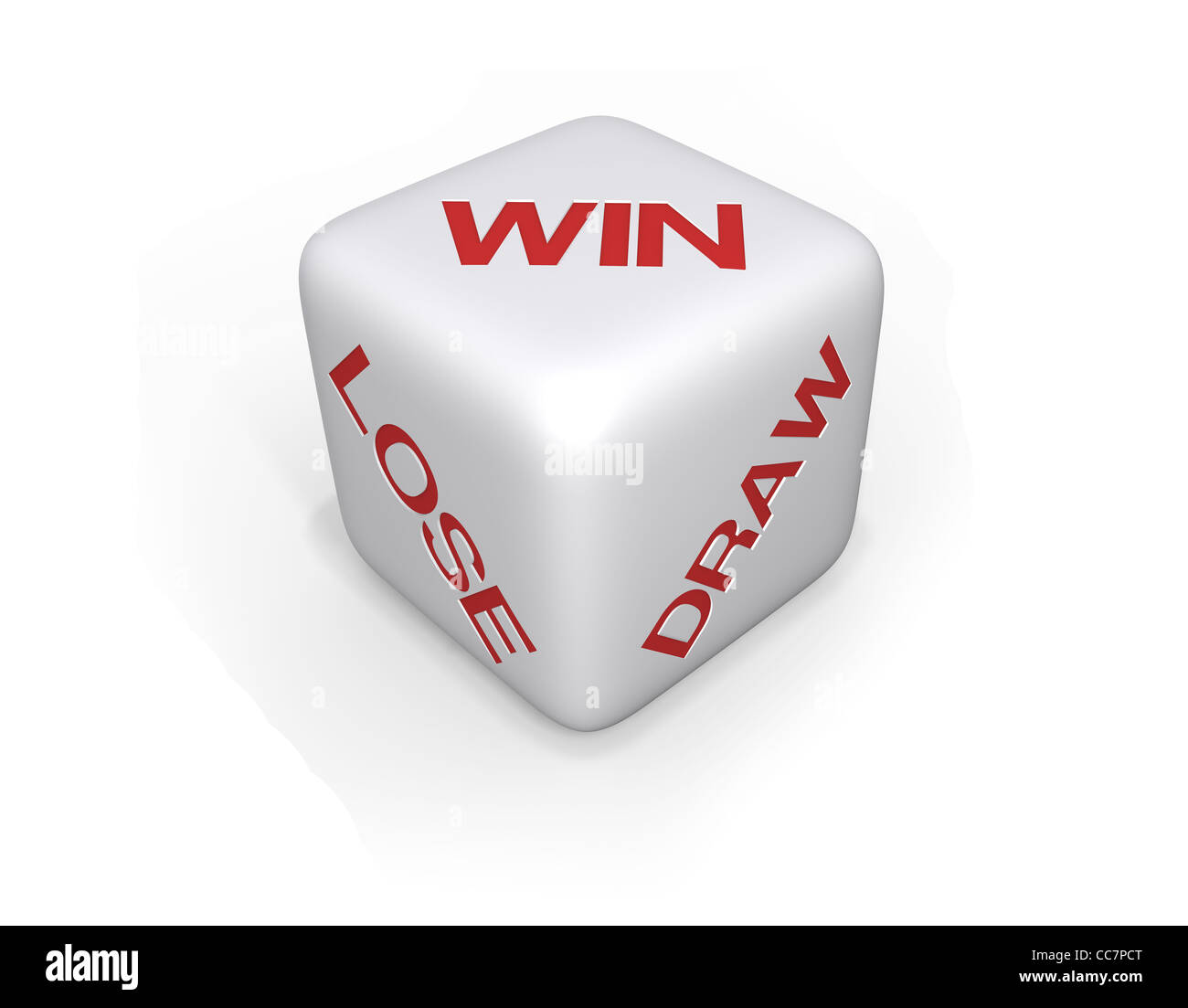 White dice with win, lose and draw in red text on a white background Stock Photo