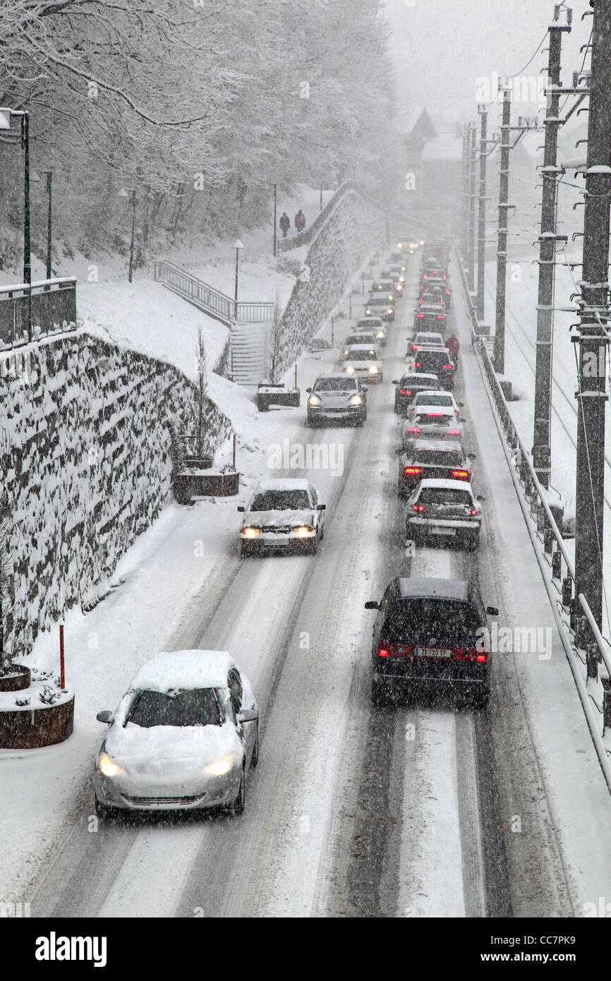 winter roads traffic jam Stock Photo