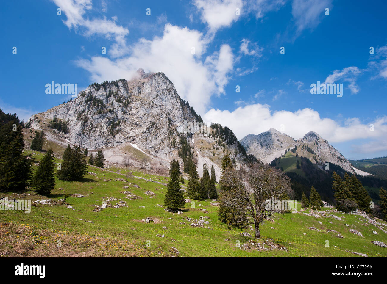 Panoramic view of Grosser Mythen mountain peak near Brunni, Switzerland Stock Photo