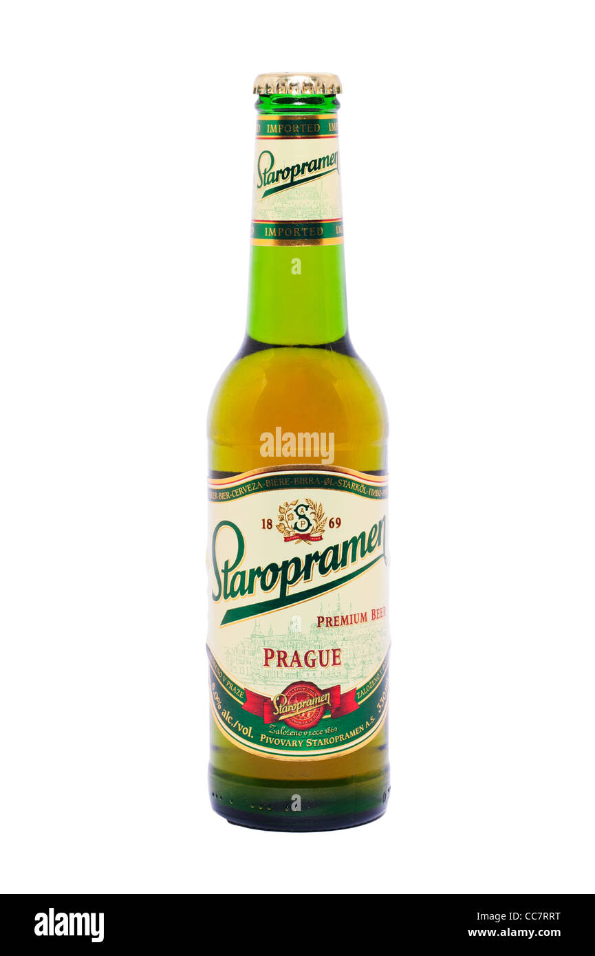 A bottle of Staropramen imported lager beer on a white background Stock Photo