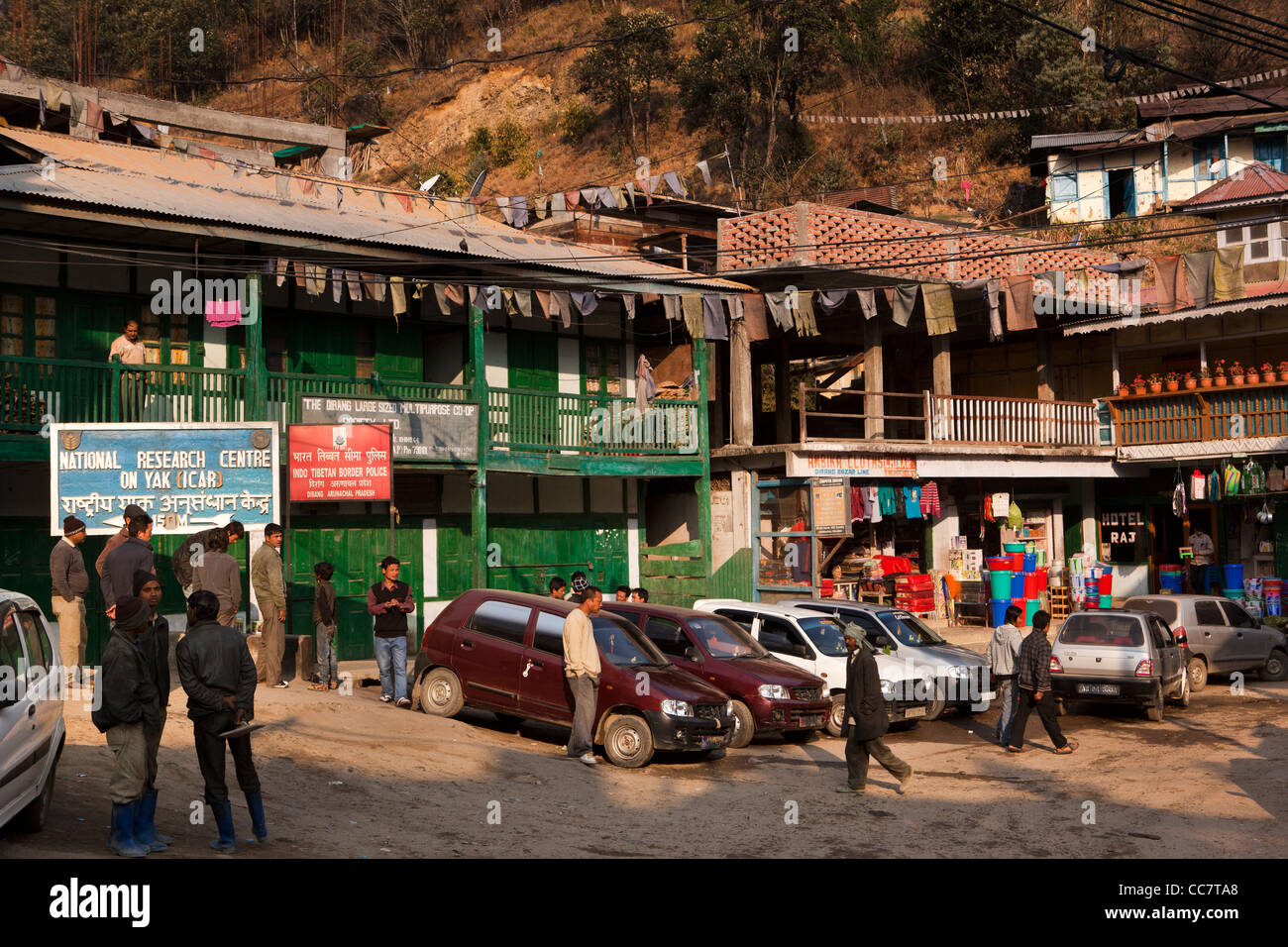 India, Arunachal Pradesh, Dirang bazaar, early morning drivers waiting at taxi stand outside police station Stock Photo