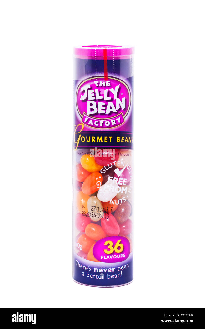 A tube of gourmet beans sweets from The Jelly Bean Factory on a white background Stock Photo Alamy