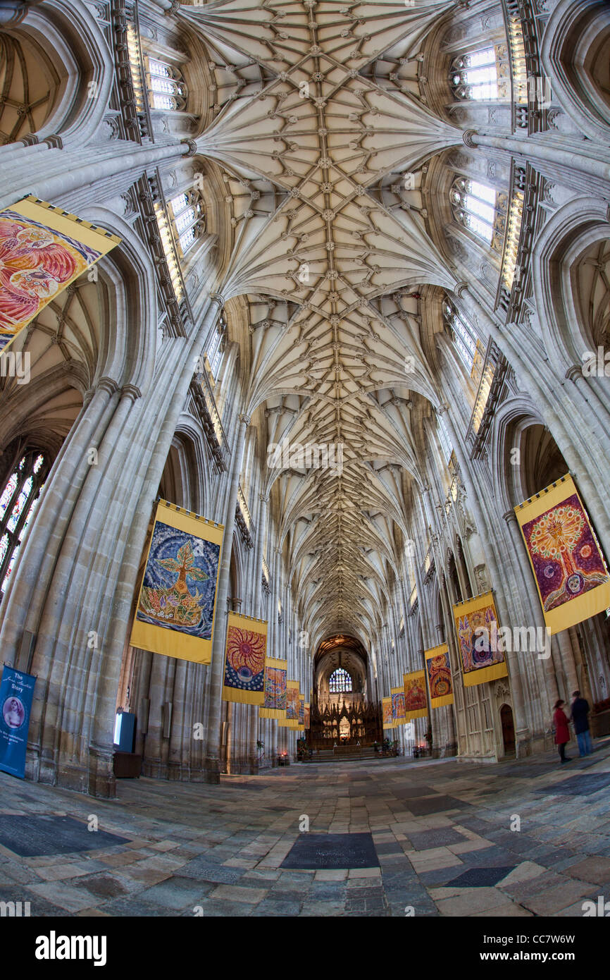 The nave inside Winchester Cathedral, taken with a fisheye lens showing distortion of the architecture. Stock Photo