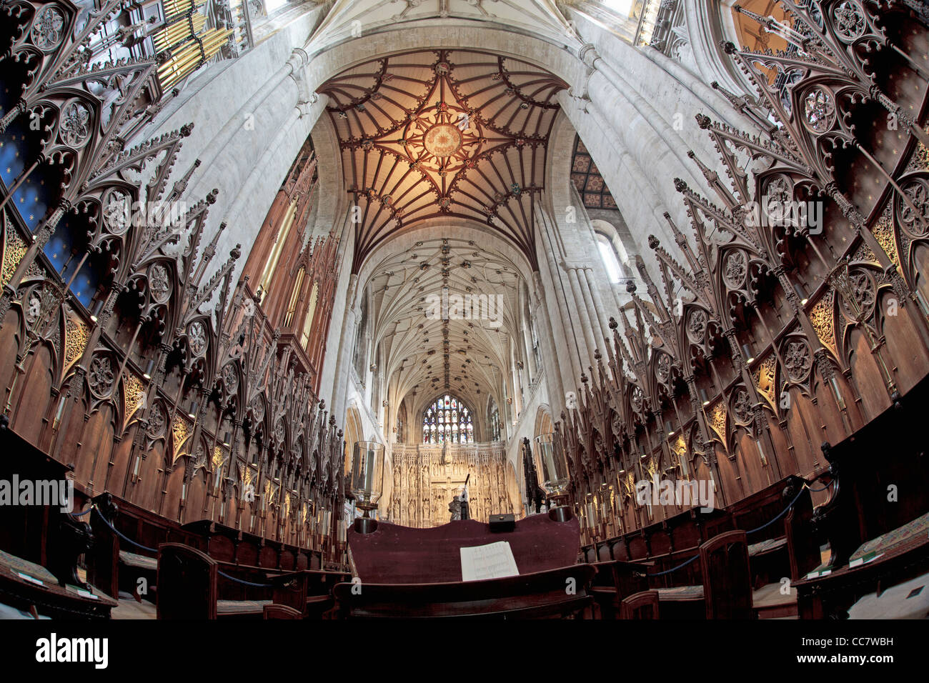 Choir stalls at Winchester Cathedral in widewangle format with partial ceiling structure Stock Photo