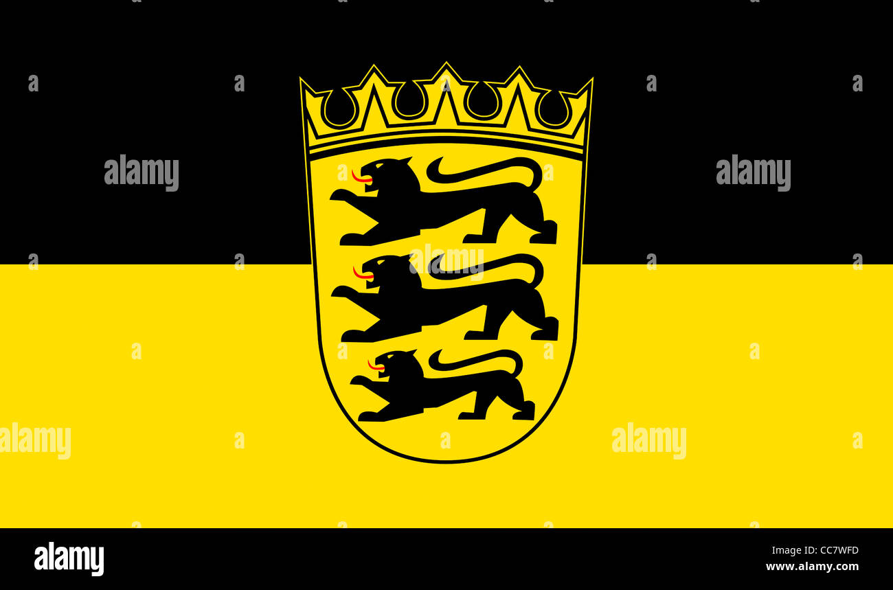 Flag of Baden Wurttemberg with the coat of arms of the German federal state. Stock Photo