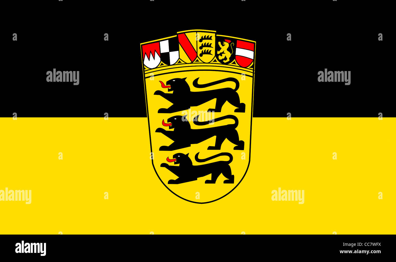 Flag of Baden Wurttemberg with the with the great coat of arms of the German federal state. Stock Photo