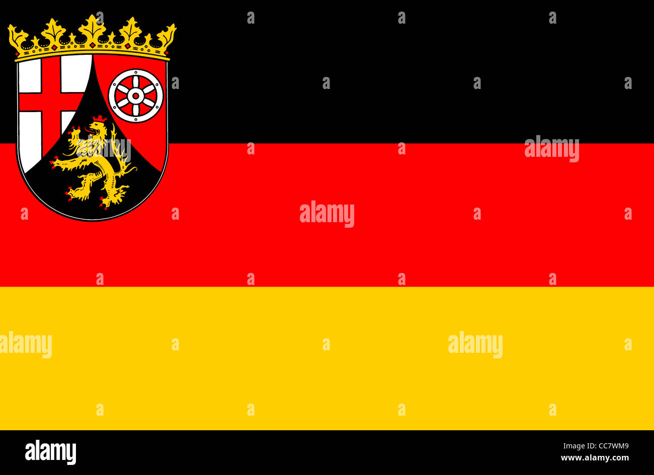 Flag of Rhineland Palatinate with the coat of arms of the German federal state. Stock Photo