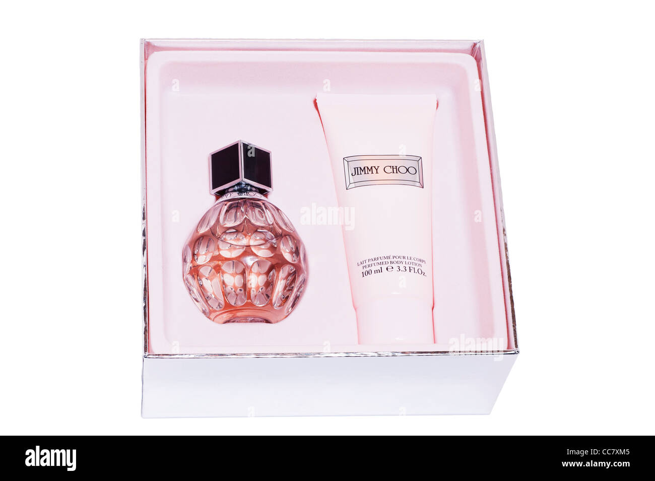 A gift set of perfume and body lotion from Jimmy Choo on a white background Stock Photo