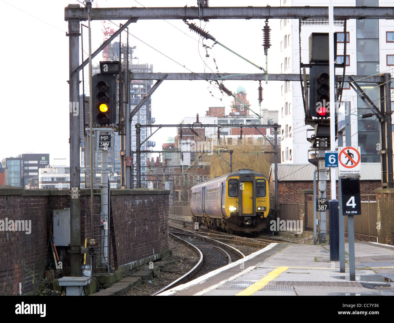 A train approaching Manchester Piccadilly Station from Manchester