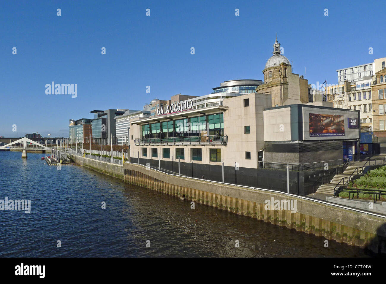 Buildings from the pedestrian Tradeston Bridge area along Atlantic Quay on the River Clyde in Glasgow to the Gala Casino Stock Photo