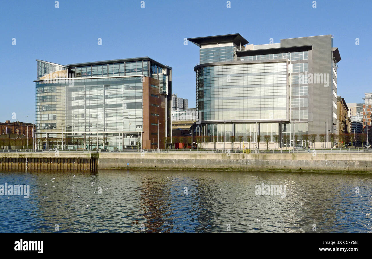 200 and 150 Broomielaw buildings (L to R) on Atlantic Quay on the River Clyde in central Glasgow Scotland Stock Photo