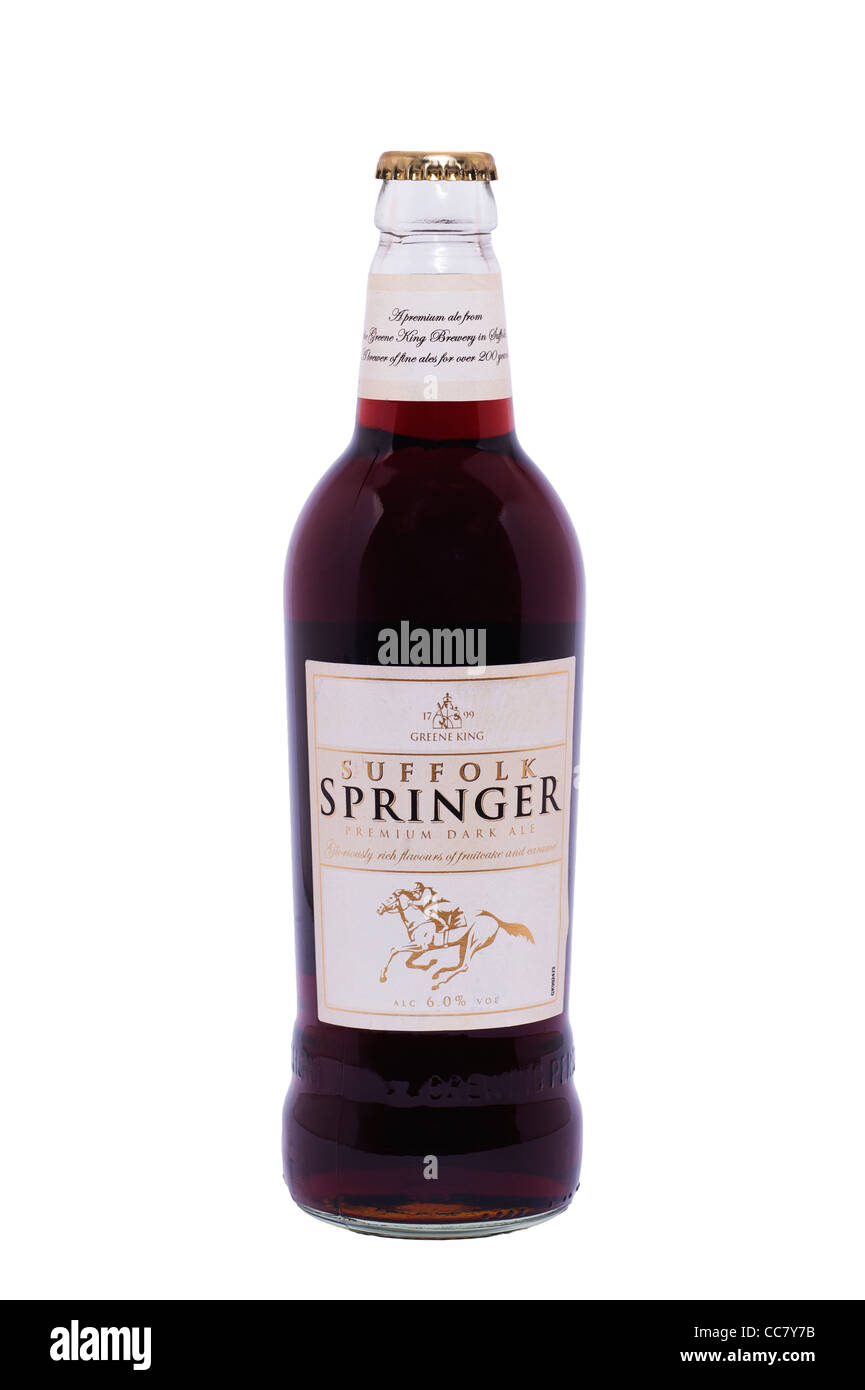 A bottle of Greene King 6% Suffolk Springer premium dark ale on a white background Stock Photo