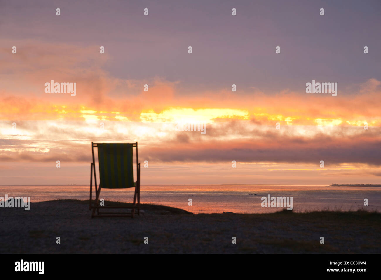 Chair on Beach, Camaret-sur-Mer, Finistere, Bretagne, France Stock Photo