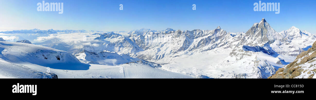 Panoramic view from kl. Matterhorn over Mont Blanc and Matterhorn, Zermatt, Switzerland Stock Photo