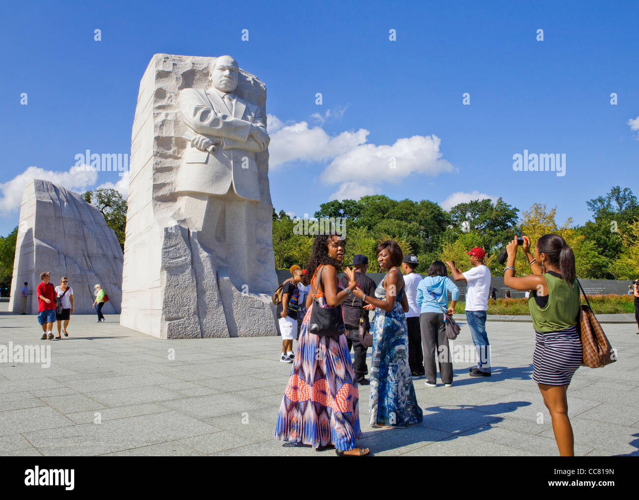 Young African-American women visiting the Martin Luther King Jr. memorial Stock Photo