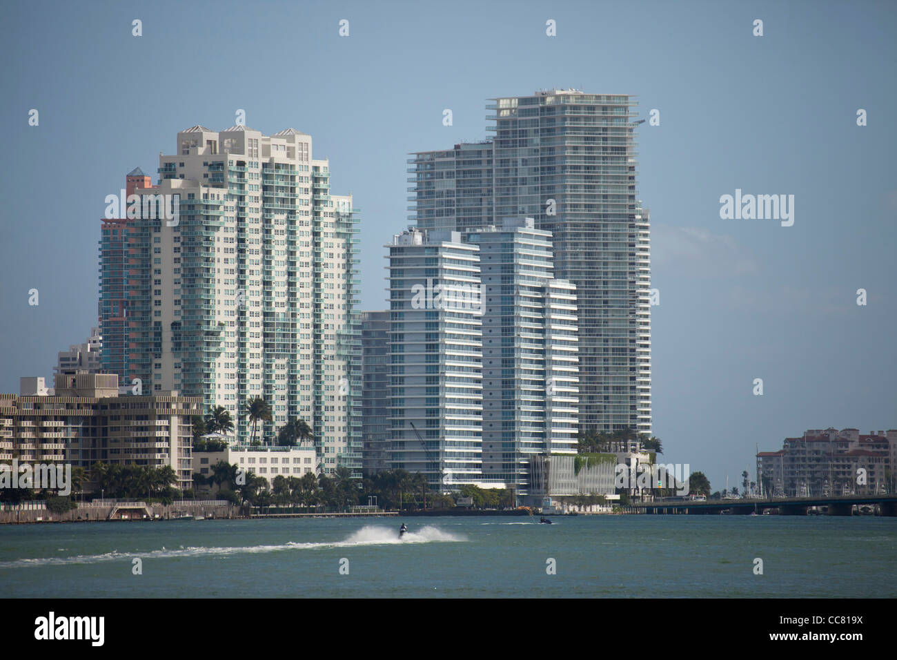 Jetski and the South Beach Skyline, Miami, Florida, USA Stock Photo