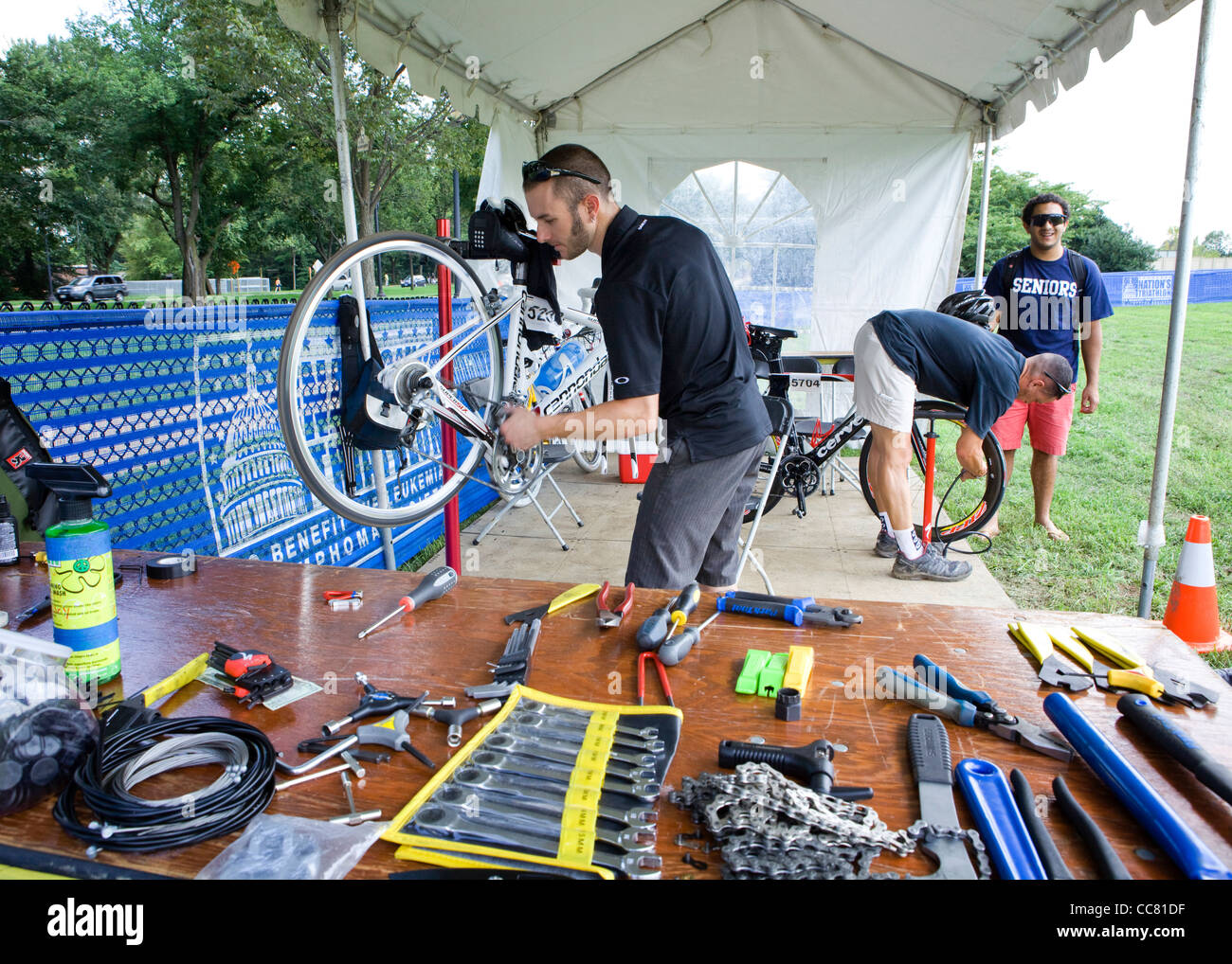 A bicycle technician truing a wheel Stock Photo
