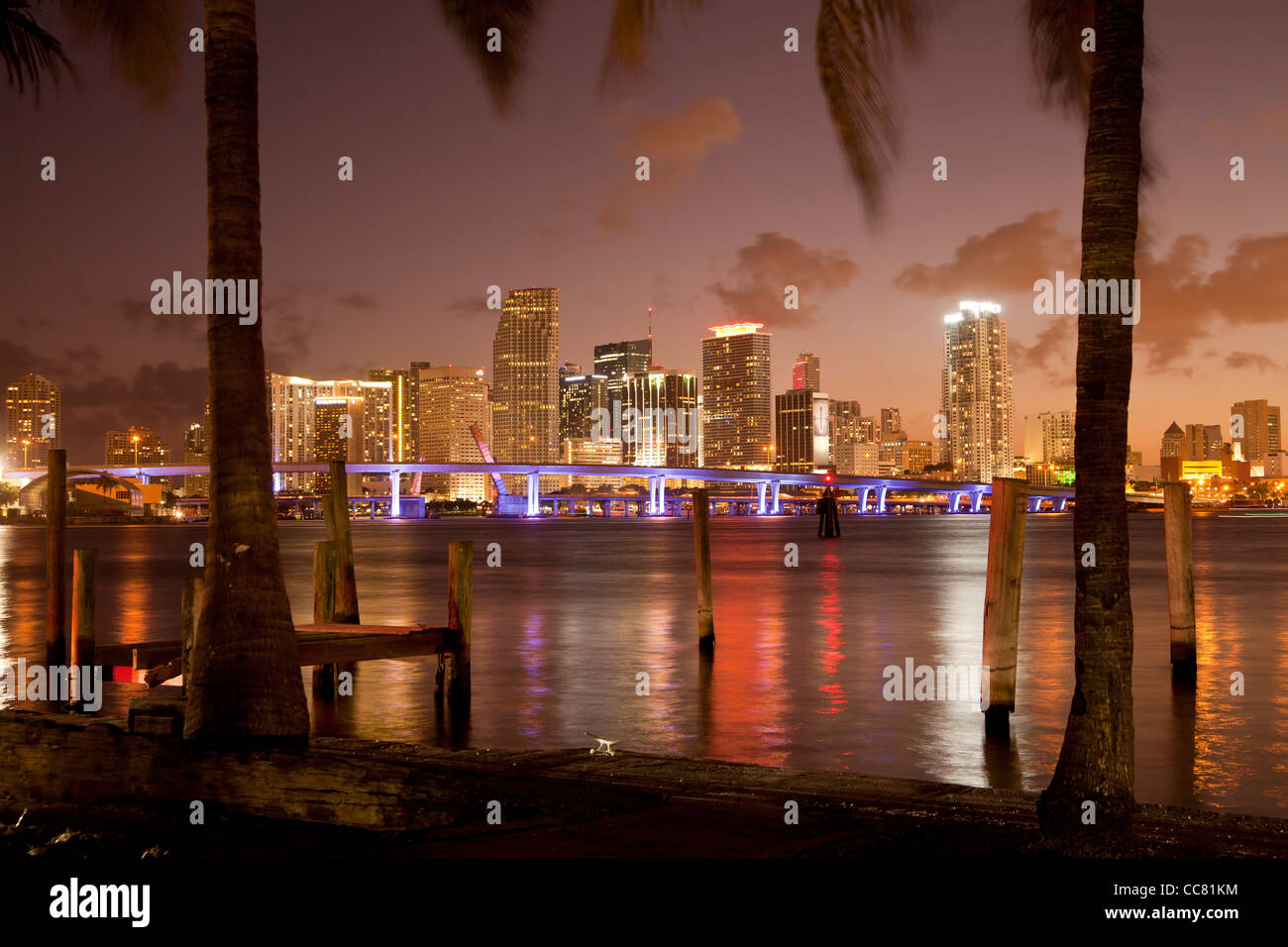 the illuminated Skyline of Downtown Miami, Florida, USA Stock Photo