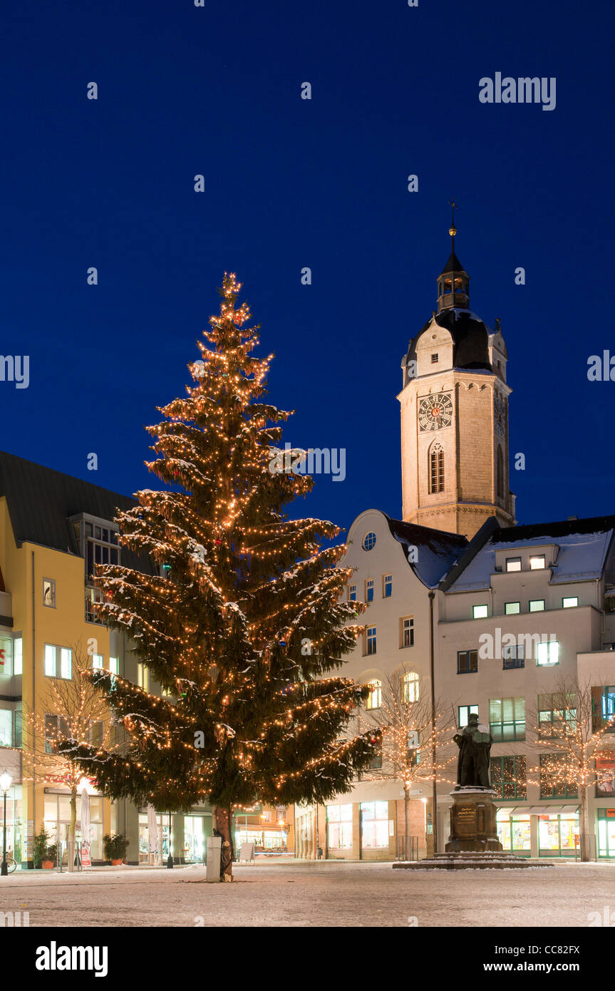Market square with Christmas tree and St. Michael city church in the evening, Jena, Thuringia, Germany, Europe Stock Photo