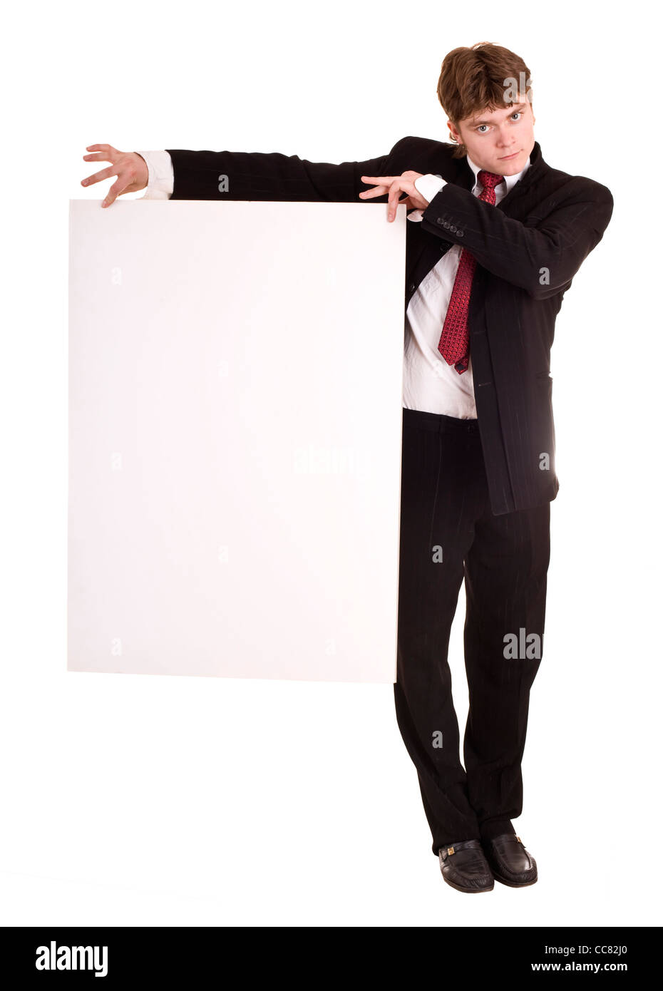 Businessman with white banner Stock Photo