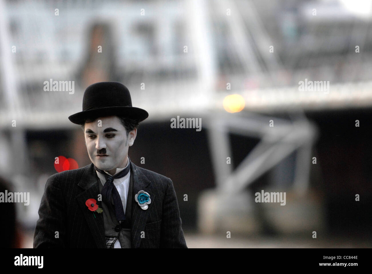 Charlie Chaplin busker at the river Thames London Stock Photo
