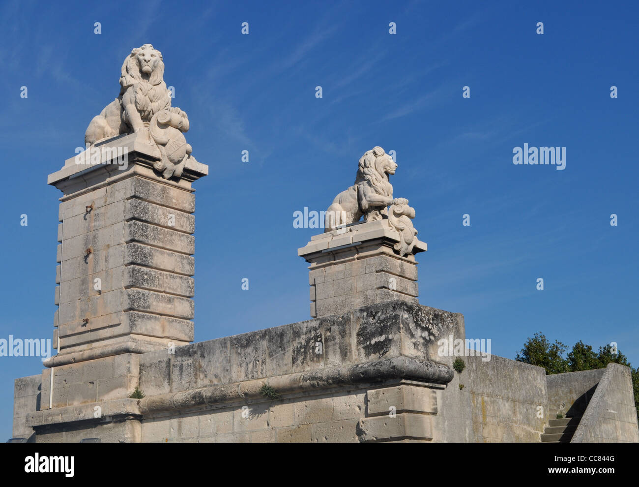 Bridge of Lions, Pont de Lions, Arles, a ruined rail bridge across the Rhone built 1868. Stock Photo