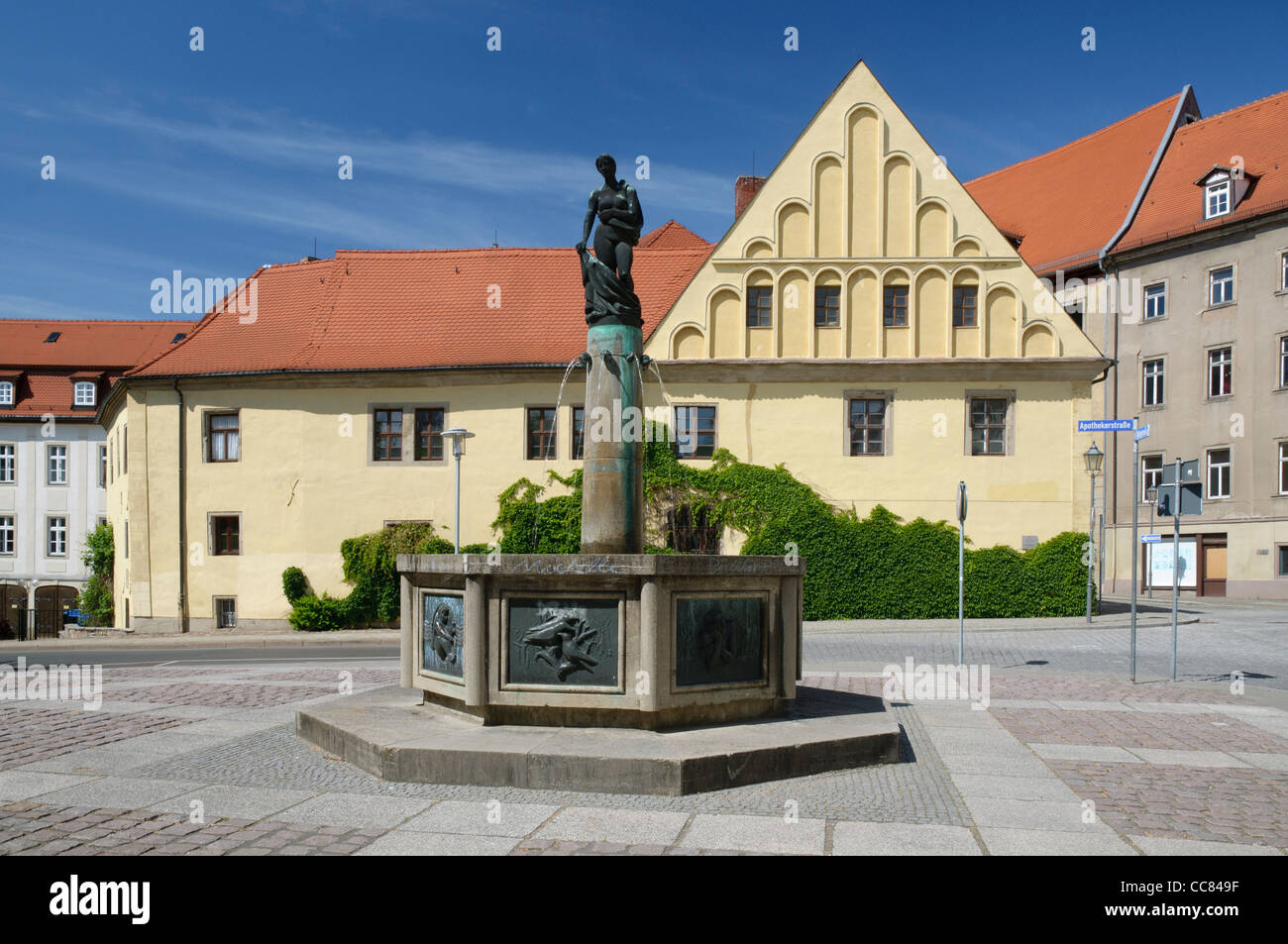 Fountain in front of Domapotheke pharmacy, Merseburg, Saxony-Anhalt, Germany, Europe Stock Photo