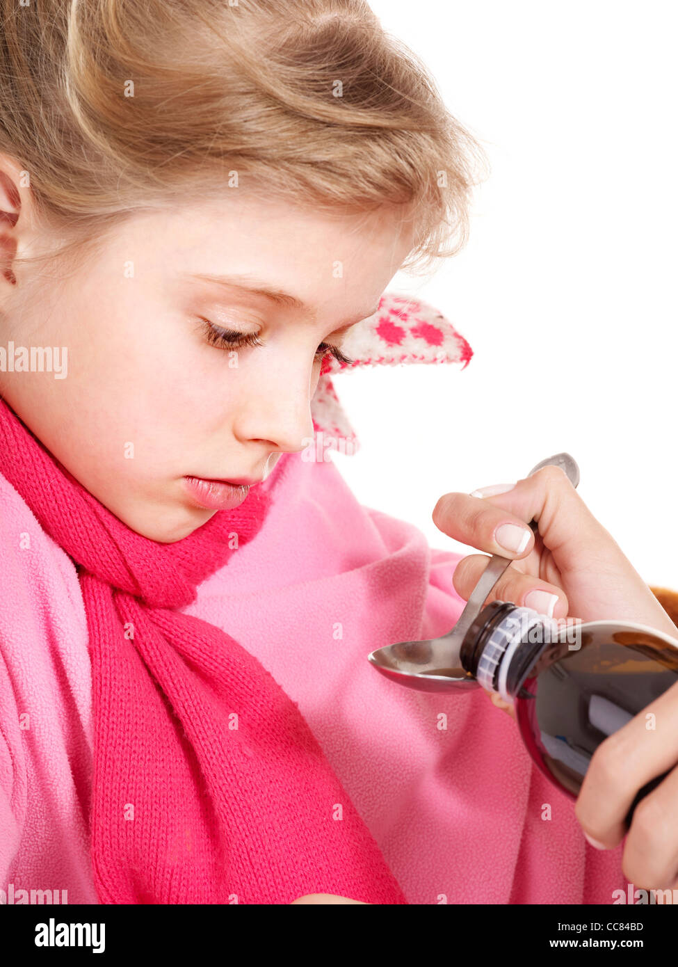 Sick child take  medicine with doctor. Isolated. Stock Photo