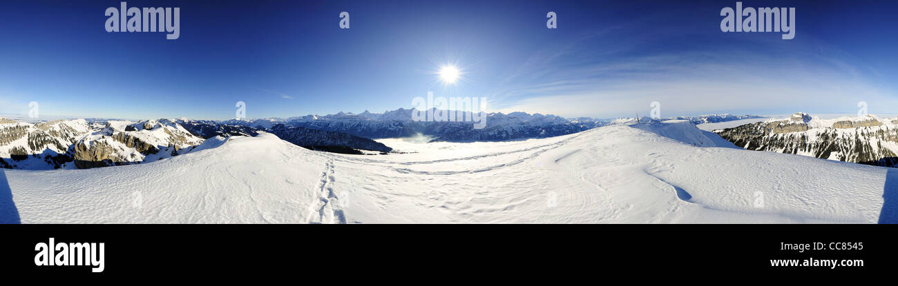 360 degree panorama from Burgfeldstand/Niederhorn with Eiger, Moench and Jungfrau, Switzerland Stock Photo