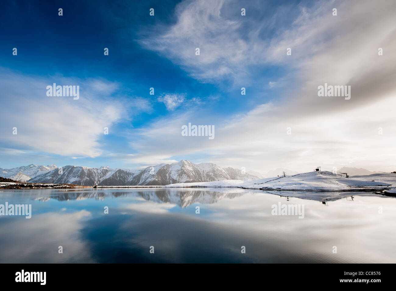panoramic view of lake at bettmeralp, wallis, switzerland Stock Photo