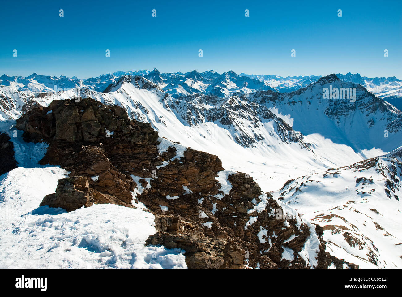 Mountains at lenzerheide in winter. View from Rothorn, Lenzerheide, Graubuenden, Switzerland Stock Photo