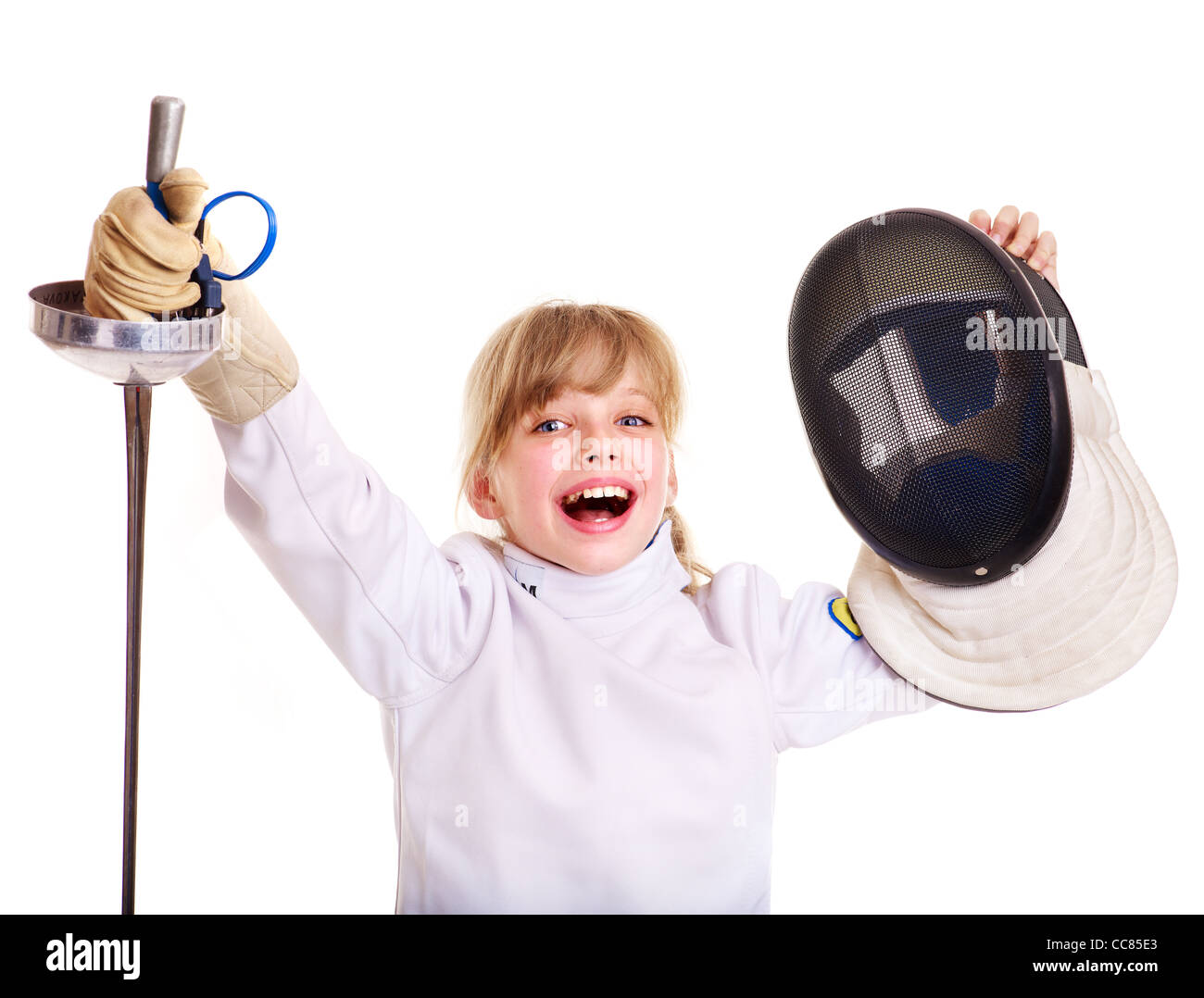 Child in fencing costume holding epee. Isolated. Stock Photo