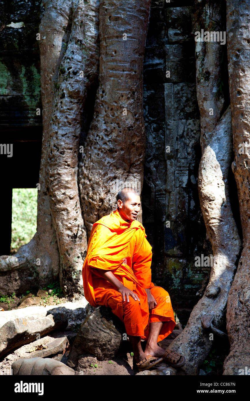 Buddhist monk at Ta Prohm, temple built in the Bayon style, Angkor area, Siem Reap, Cambodia, Asia Stock Photo