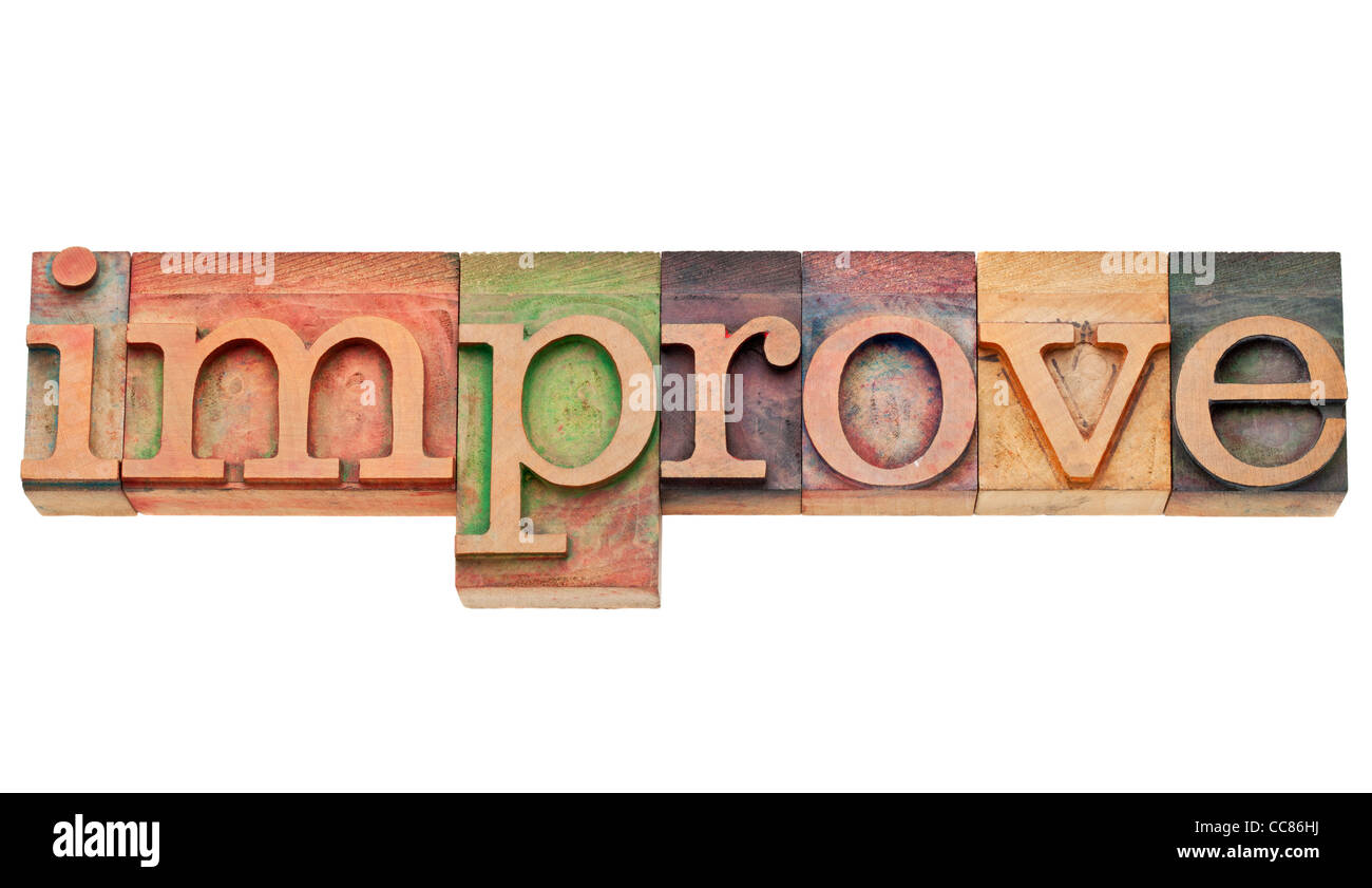 improve - motivation concept - isolated text in vintage wood letterpress printing blocks, stained by color inks Stock Photo