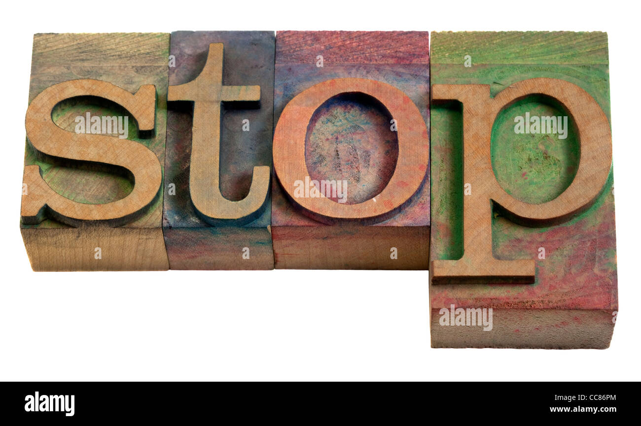 stop word in vintage wooden letterpress printing blocks Stock Photo
