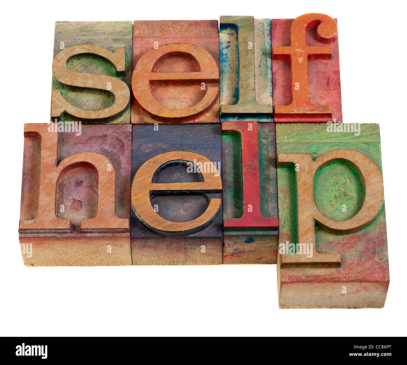 self-help words in vintage wooden letterpress printing blocks Stock Photo