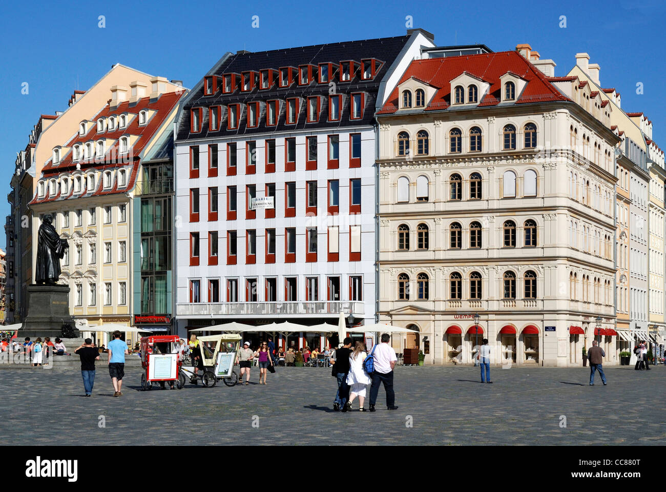 Town houses at the square Neumarkt in Dresden near Church of our Lady. Stock Photo