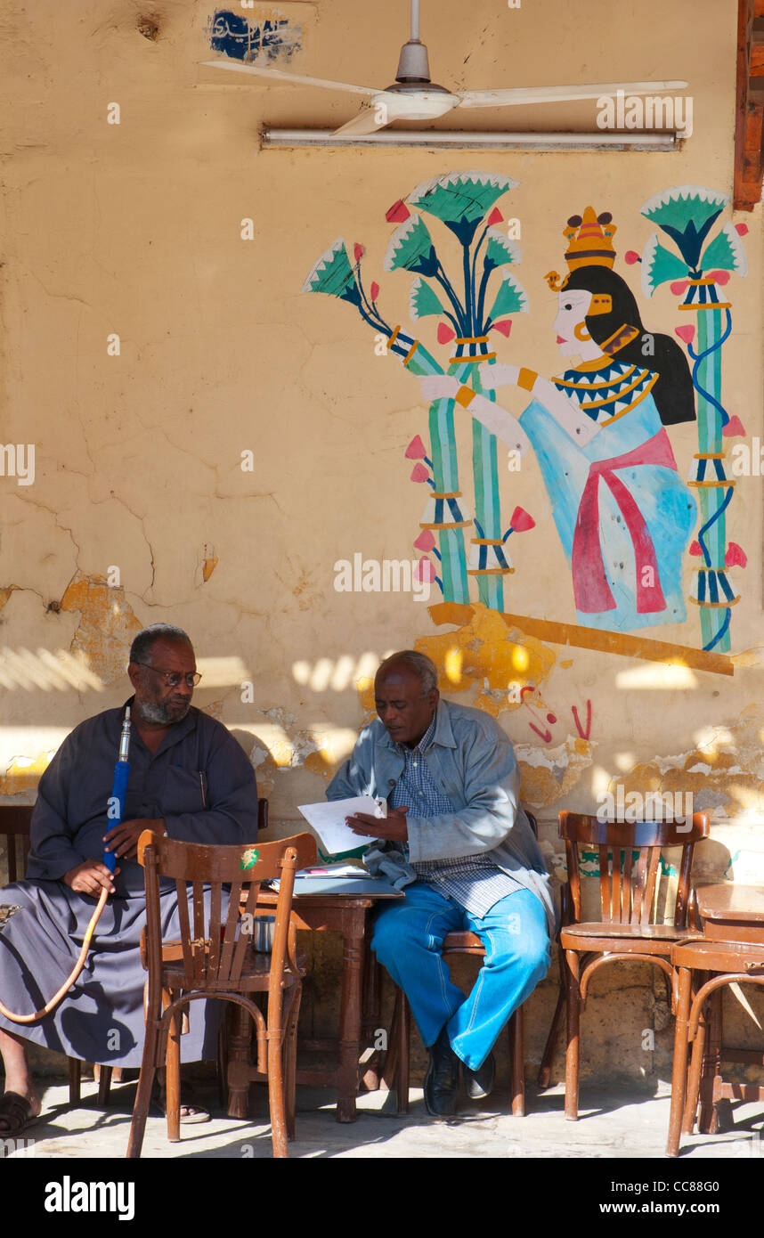 Customers at the Cleopatra Coffee Shop in the Aswan Bazaar, Egypt Stock Photo